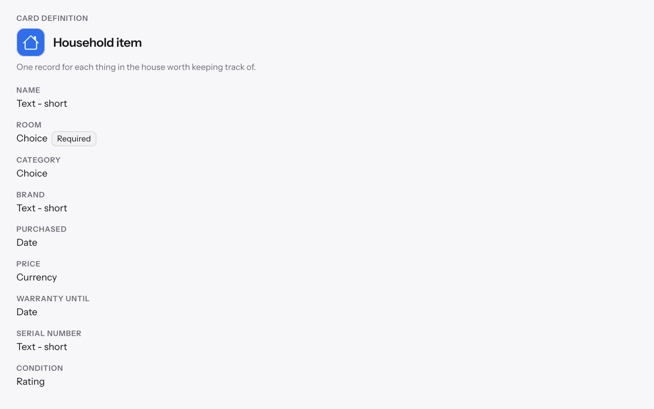 A card in keepr, listing each of its elements with its data type