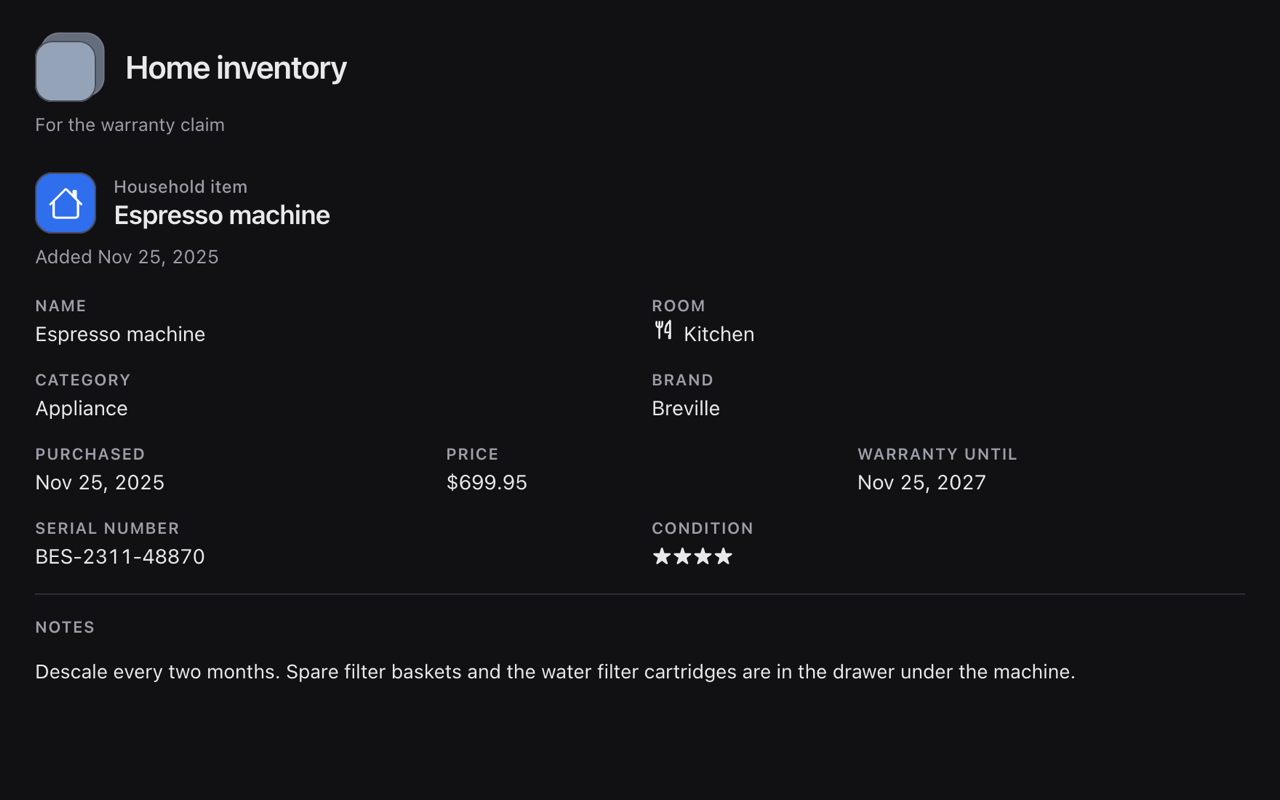 One item in keepr, read as a record: its room, brand, price, warranty date, serial number, condition and notes