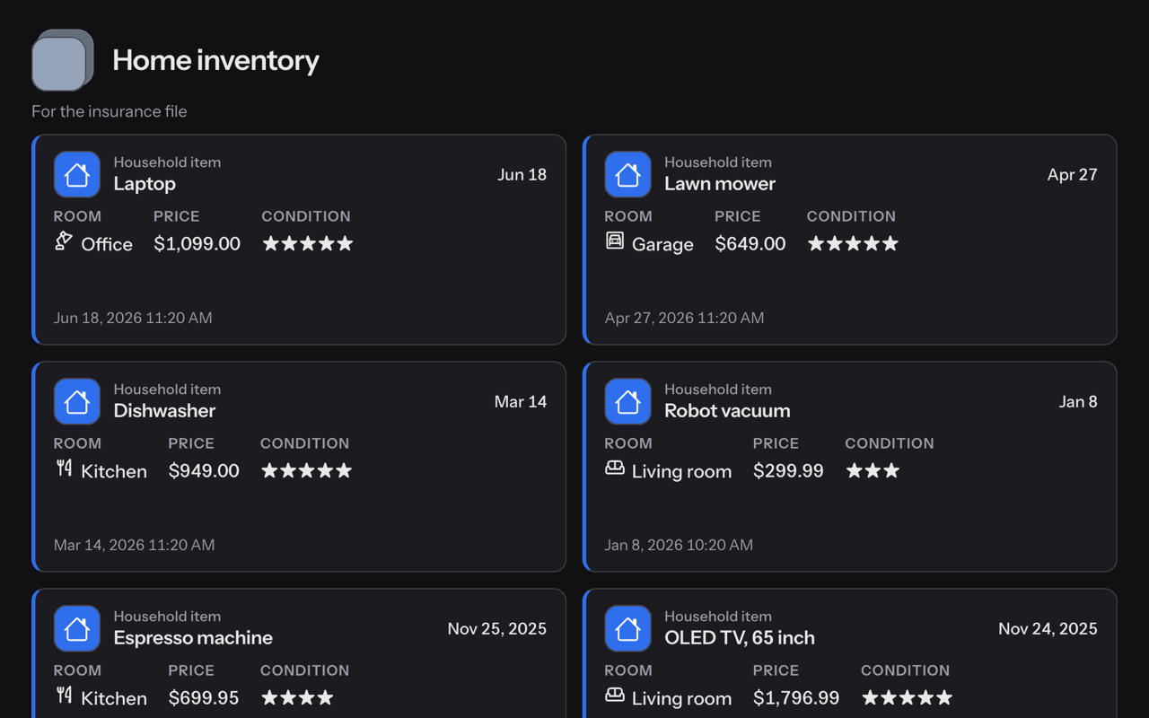 A household inventory in keepr: its items as tiles, each with the room it is in, its price and its condition